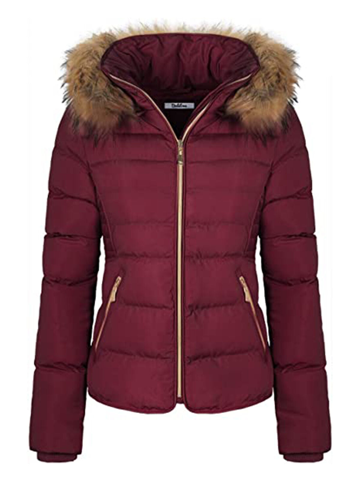 Women Winter Quilted Puffer Coat Fleece Lined Warm Jacket with Faux Fur Hood