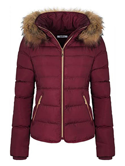 Women Winter Quilted Puffer Coat Fleece Lined Warm Jacket with Faux Fur Hood