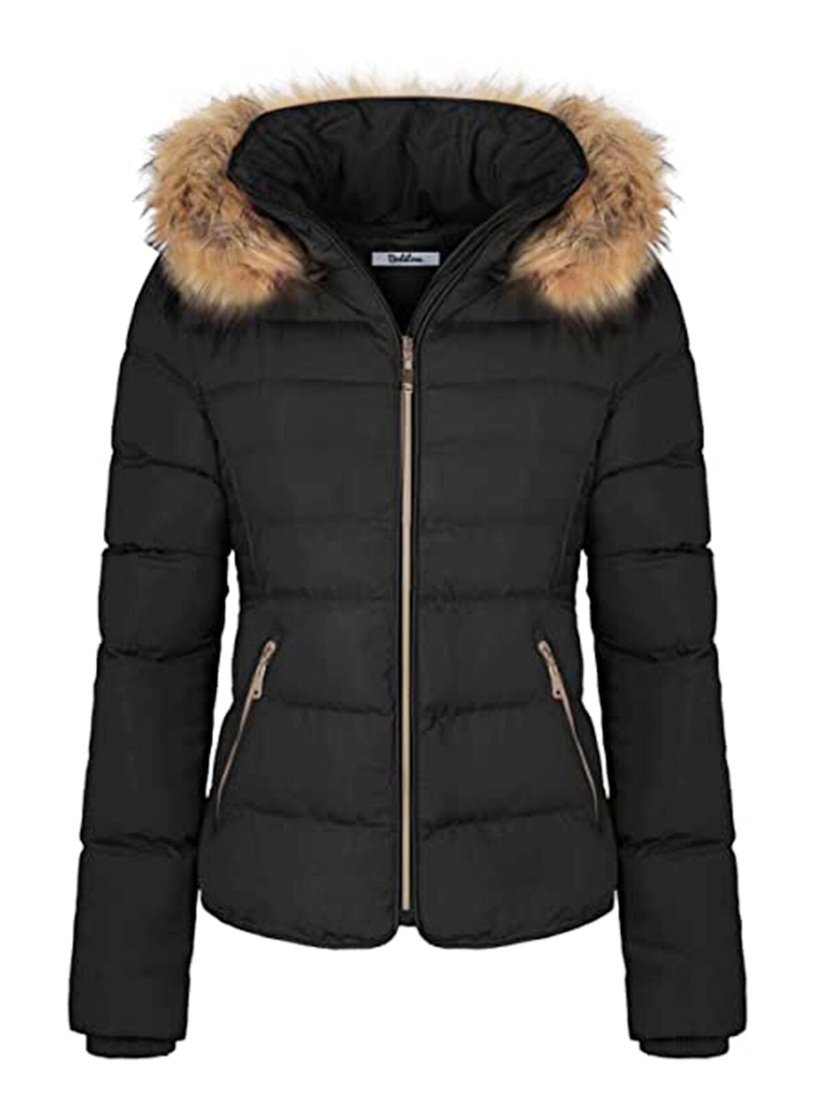 Women Winter Quilted Puffer Coat Fleece Lined Warm Jacket with Faux Fur Hood