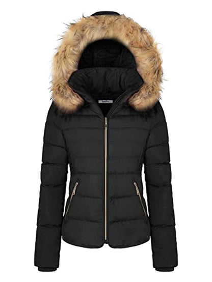 Women Winter Quilted Puffer Coat Fleece Lined Warm Jacket with Faux Fur Hood