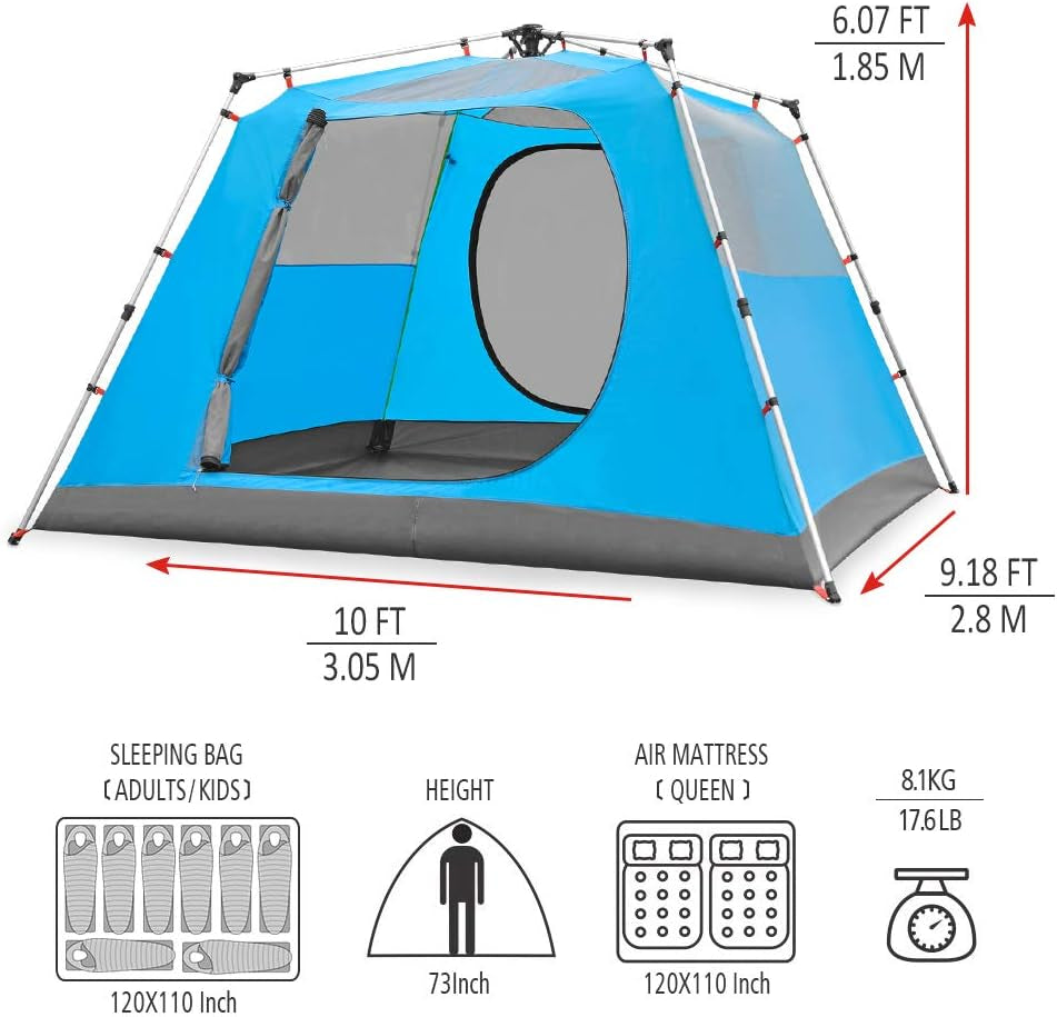 Camping Tents 6 Person Waterproof Instant Tents 6 People Cabin Tent Easy Setup with Sun Shade Automatic Aluminum Pole