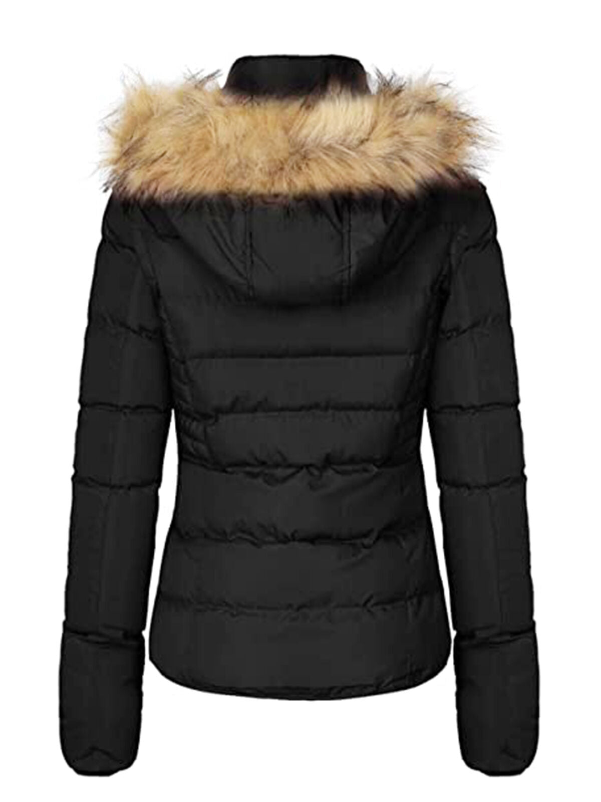 Women Winter Quilted Puffer Coat Fleece Lined Warm Jacket with Faux Fur Hood