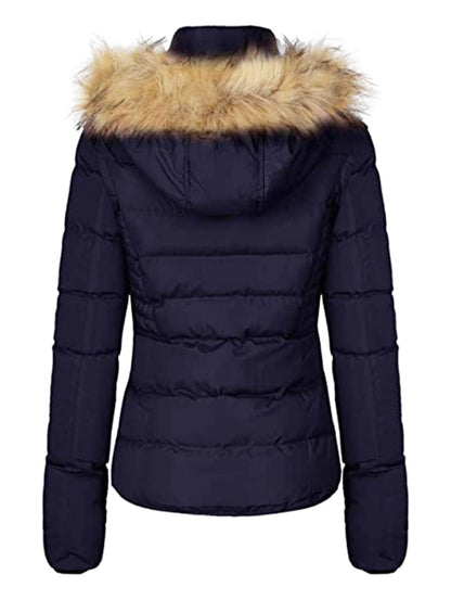 Women Winter Quilted Puffer Coat Fleece Lined Warm Jacket with Faux Fur Hood