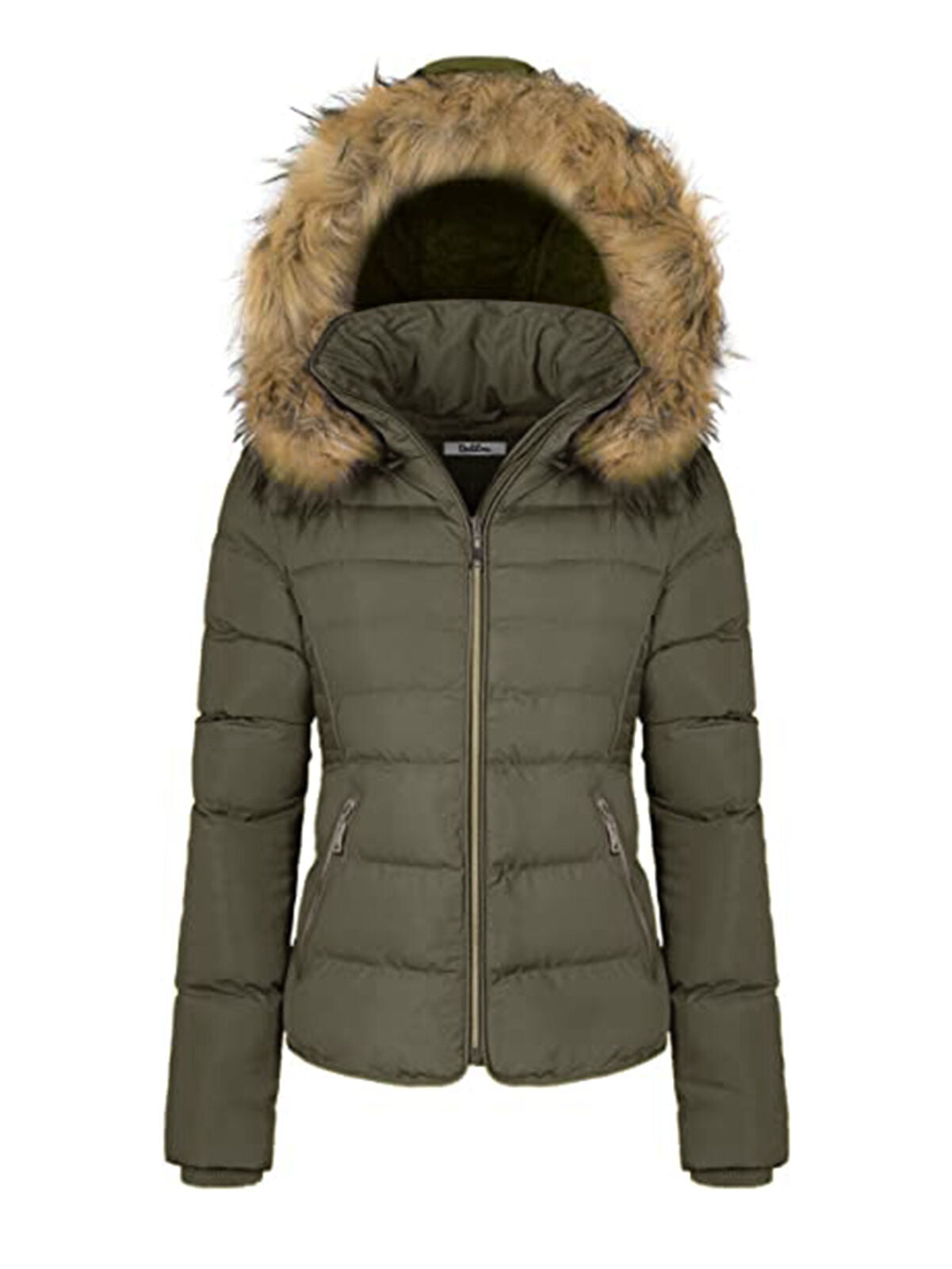 Women Winter Quilted Puffer Coat Fleece Lined Warm Jacket with Faux Fur Hood