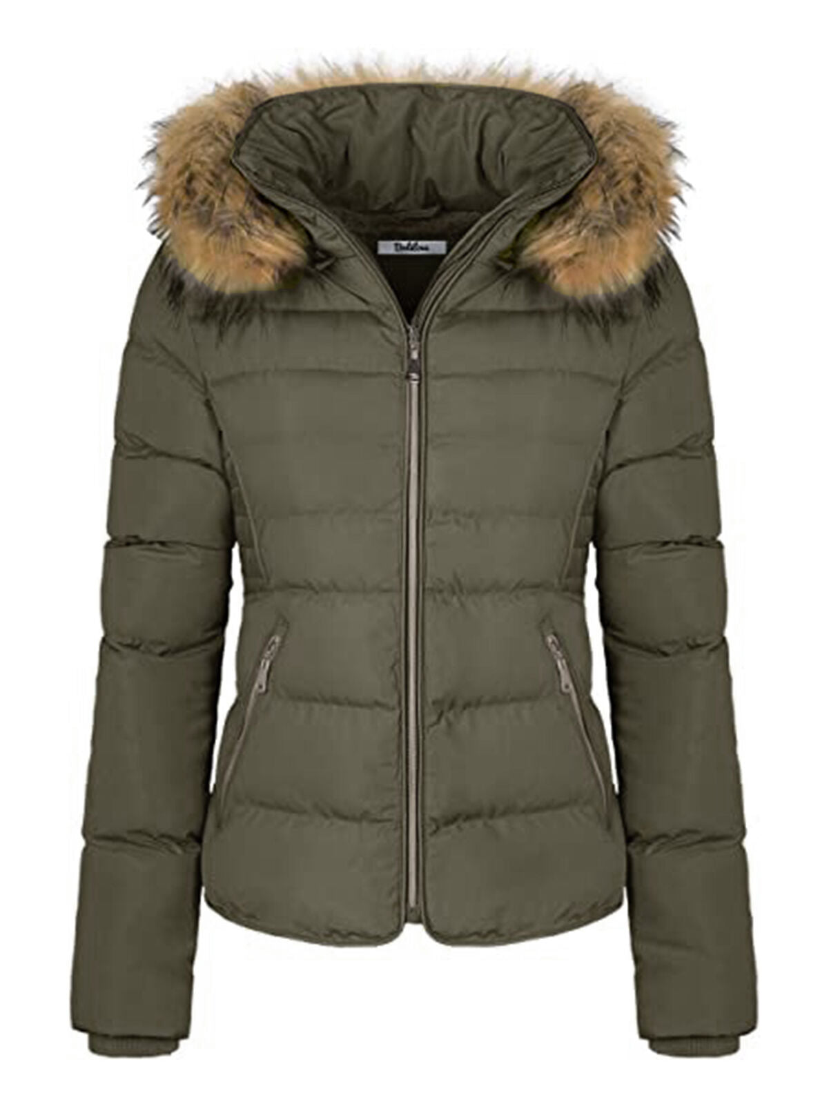 Women Winter Quilted Puffer Coat Fleece Lined Warm Jacket with Faux Fur Hood