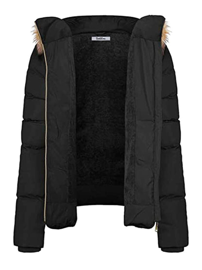 Women Winter Quilted Puffer Coat Fleece Lined Warm Jacket with Faux Fur Hood