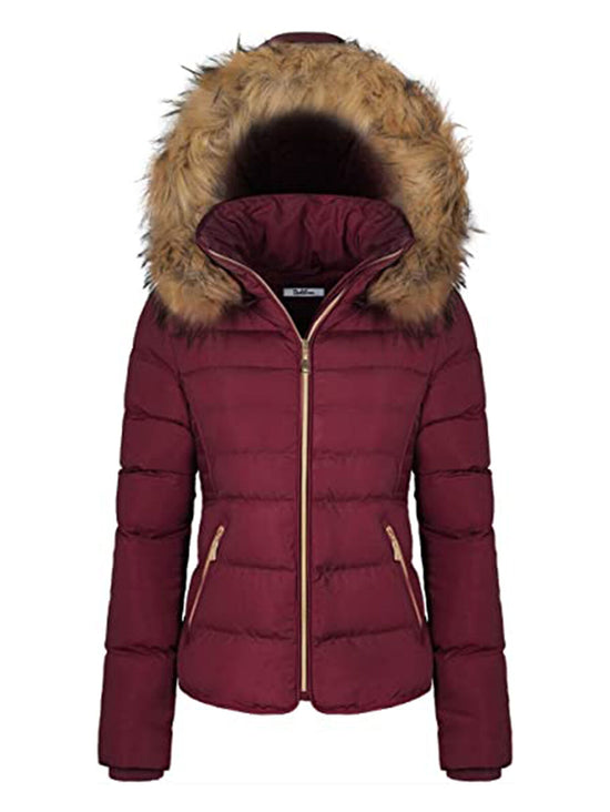 Women Winter Quilted Puffer Coat Fleece Lined Warm Jacket with Faux Fur Hood