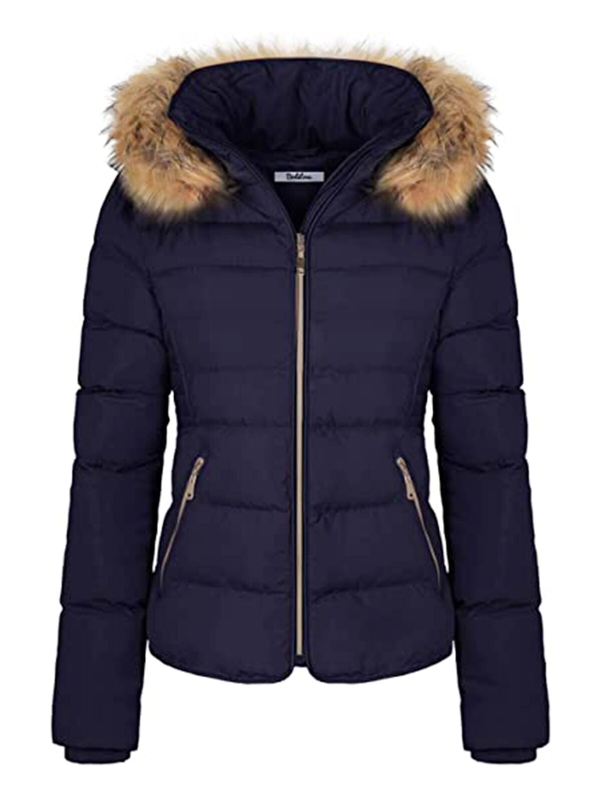 Women Winter Quilted Puffer Coat Fleece Lined Warm Jacket with Faux Fur Hood