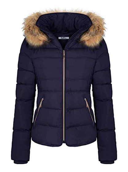 Women Winter Quilted Puffer Coat Fleece Lined Warm Jacket with Faux Fur Hood