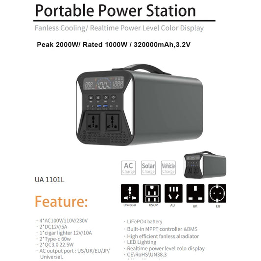 Power Station 1000W 220V AC RV Portable Energy Storage Power Supply Solar Generator Battery Ooutdoor Camping Campervan