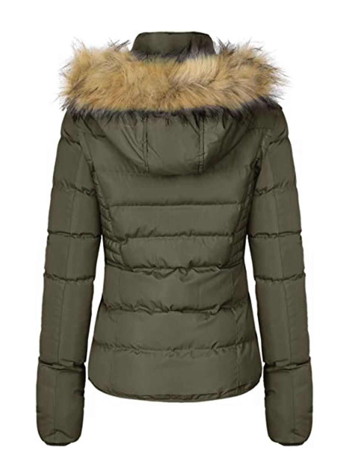 Women Winter Quilted Puffer Coat Fleece Lined Warm Jacket with Faux Fur Hood