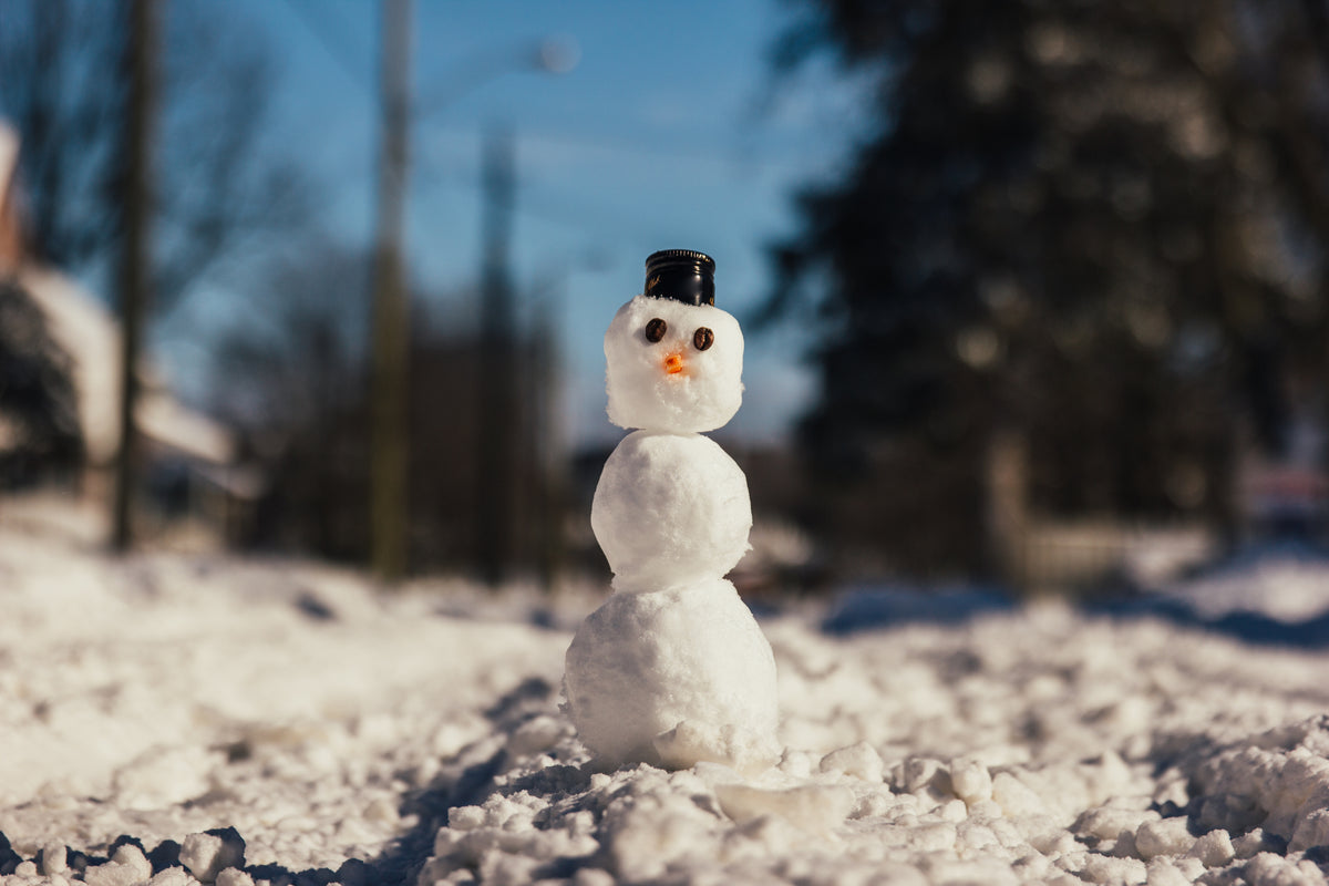 A little tiny snowman on some random afternoon looking really spiffy with a top hat and a carrot nose and button eyes sitting in some snow.